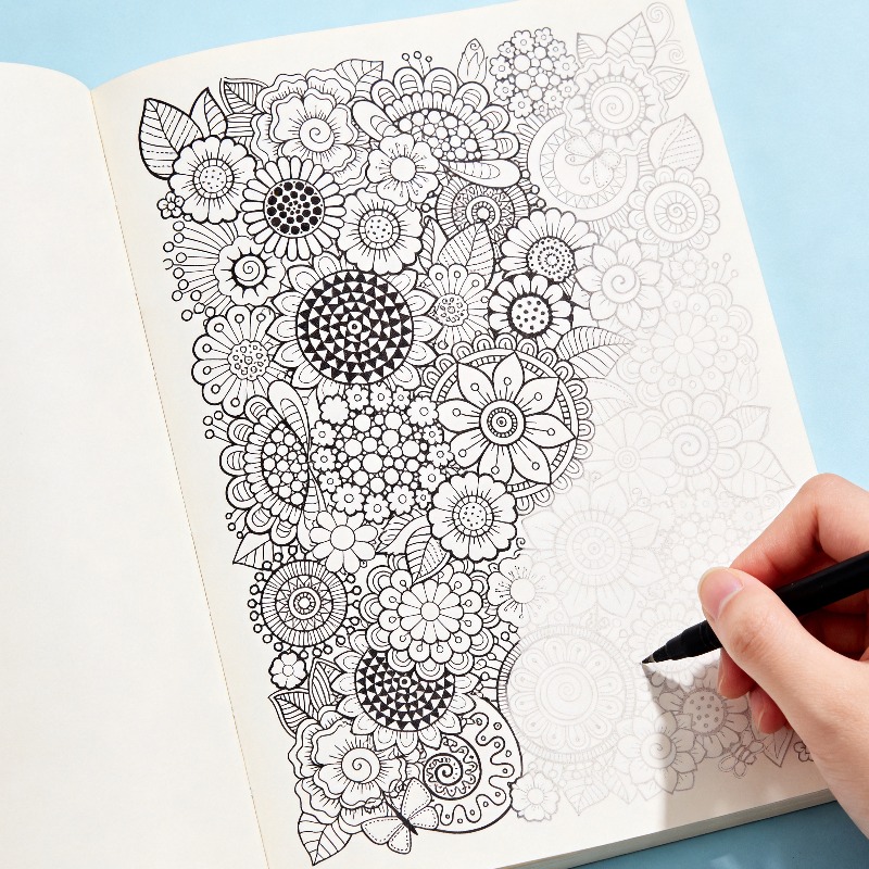 Adult Coloring Book Stress Relief - หนังสือระบายสีลายเส้นวาดมือสำหรับผู้ใหญ่ 1 เล่ม บรรเทาความเครียด 24 แบบ